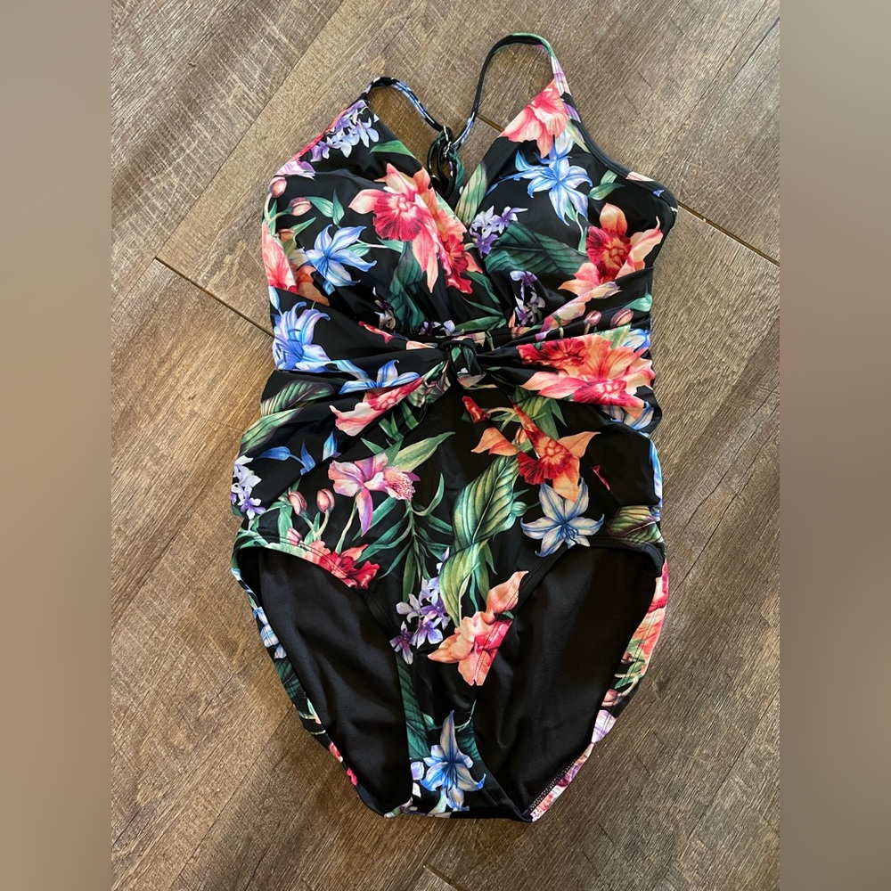 Aqua Green Swimsuit One Piece Women Floral Tie Waist Size Large EUC Clean